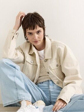 Lindex white denim jean jacket button up pockets casual small summer 100% cotton
